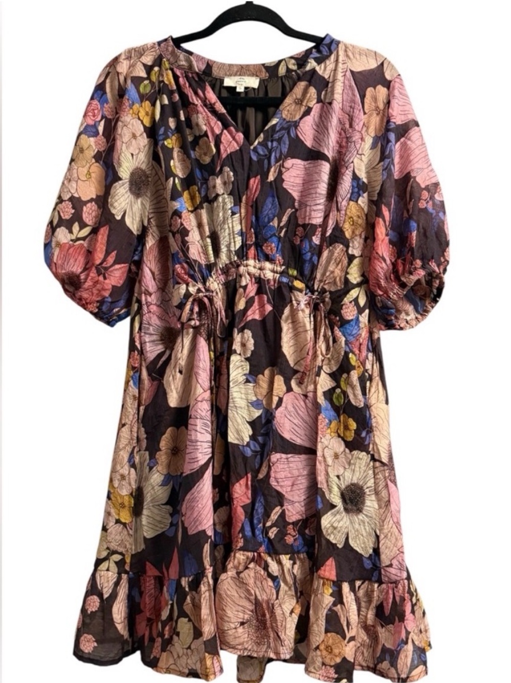 entro Anthropologie Floral Peasant Dress Puff-Sleeve Mini Dress M
